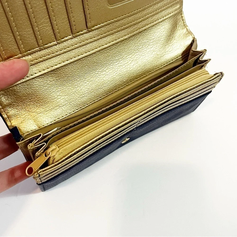 Buxton Womens Wallet Blue & Gold Lazer Cut Organizer Travel Zipper ID Holder